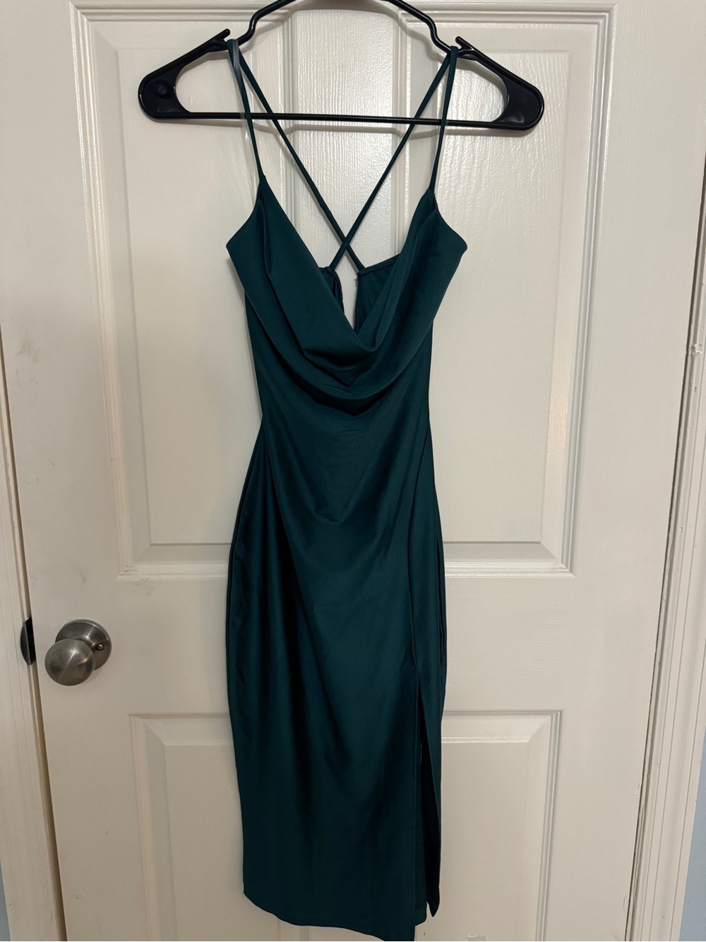 Windsor Teal Cowl Neck Midi Dress with Crisscross Back